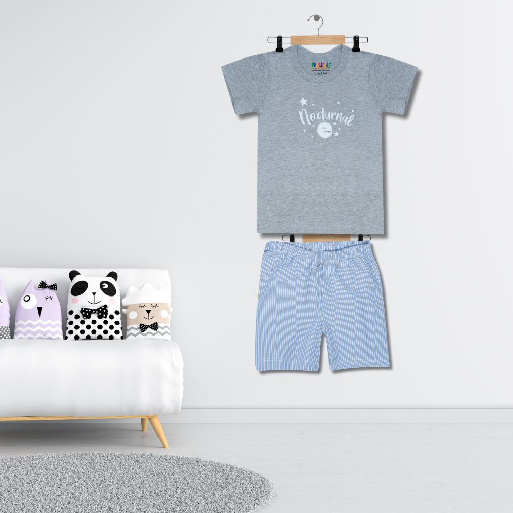 Nocturnal Boys Short Set | Soft Cotton | Natural | Casual Wear | Grey And Blue | Set Of 2