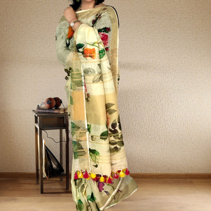 Pastel Green Floral Linen Saree | Refreshing and Vibrant | Delicate | Stylish