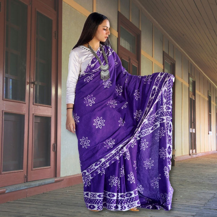 Purple & White Muslin Saree | Artistic Batik Print | Office Wear | Festive 