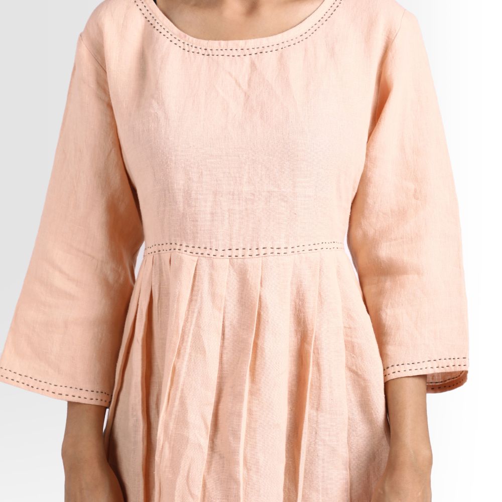 Katha Embroidery Peach Dress | European Linen | Eco-Friendly | Sustainable