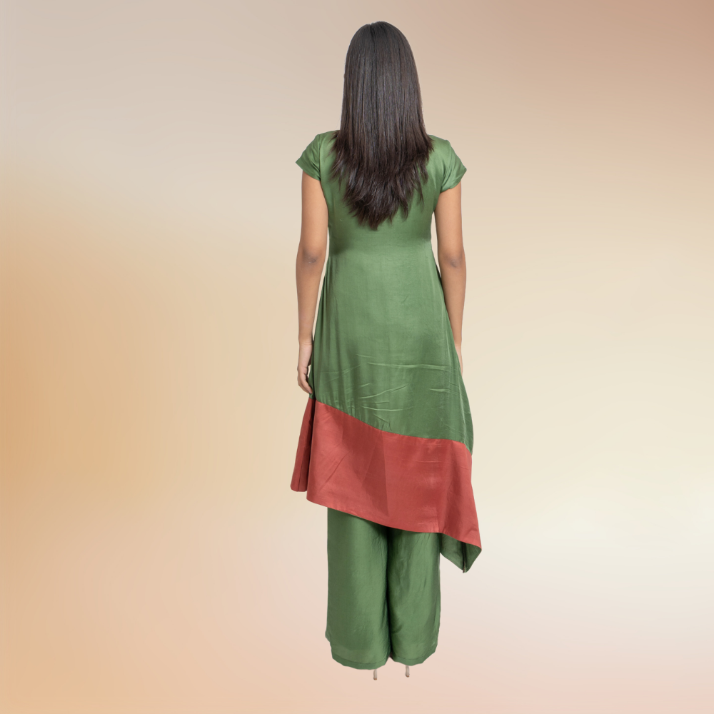 Olive Green Set | Co-ord | Kurta Set | Bemberg Modal Silk | Olive Green And Crimson