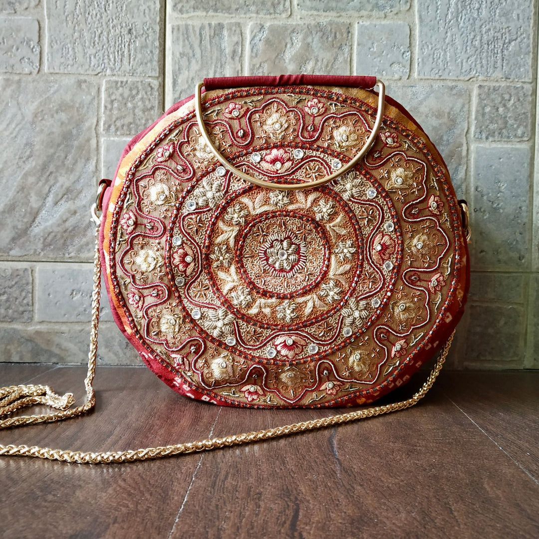 Maroon Circular Sling Bag |  Bandhani Glam | Stylish and Functional