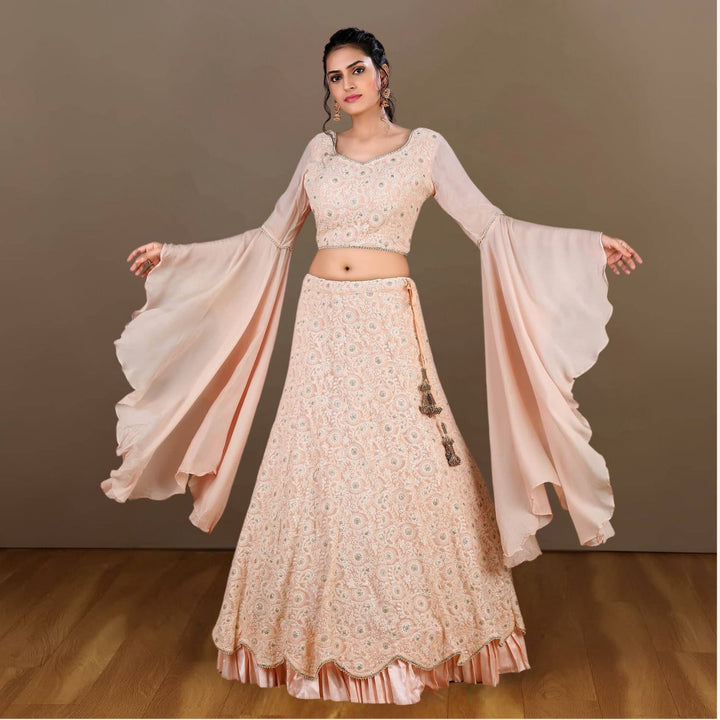 Munira Scalloped Lehenga Set | Tulle Dupatta| Stylish | Enchanting Design | Peach