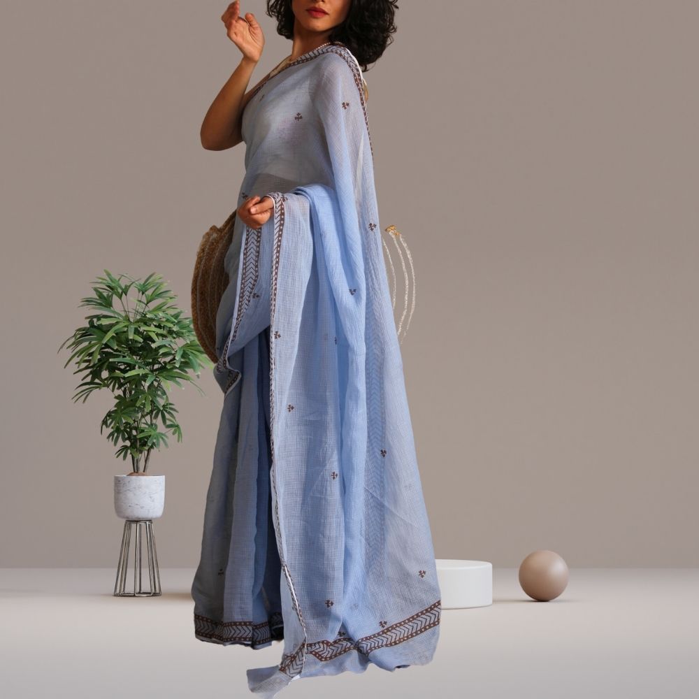 The Laguna Saree | Kota | Hand Block Printed | Steel Blue