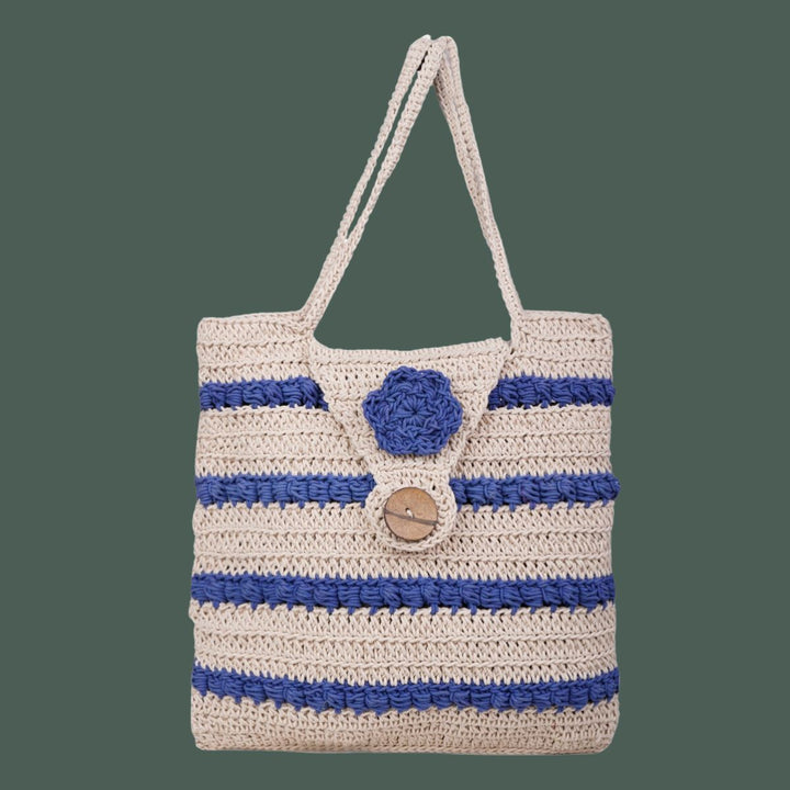 Striper Handbag Bag | Hand-Crochet | Cotton Yarn | Off White & Royal Blue