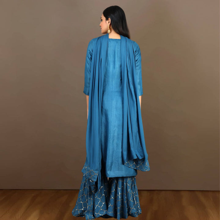 Aqsa Tussar Kurta Gharara Set | Hand-Embroidered | Occasion Wear | Cobalt Blue