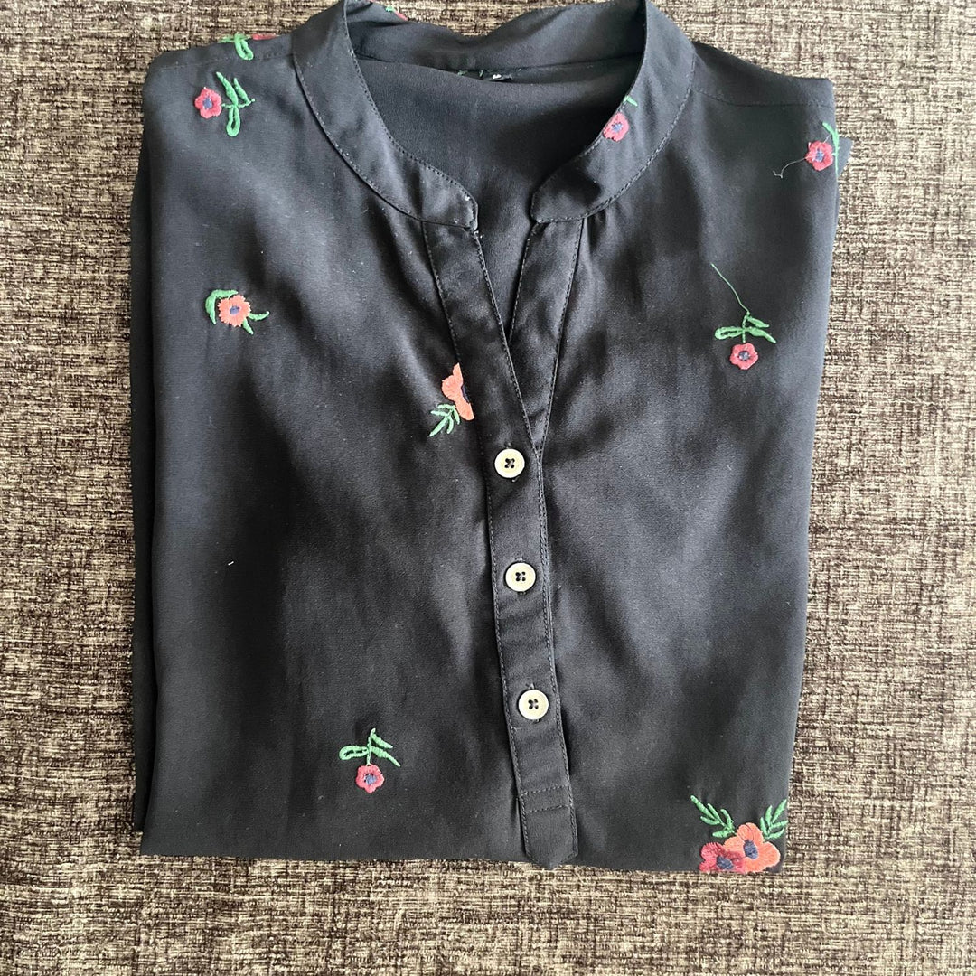 Black Georgette Floral Shirt | Relaxed-Fit | Machine Embroidered