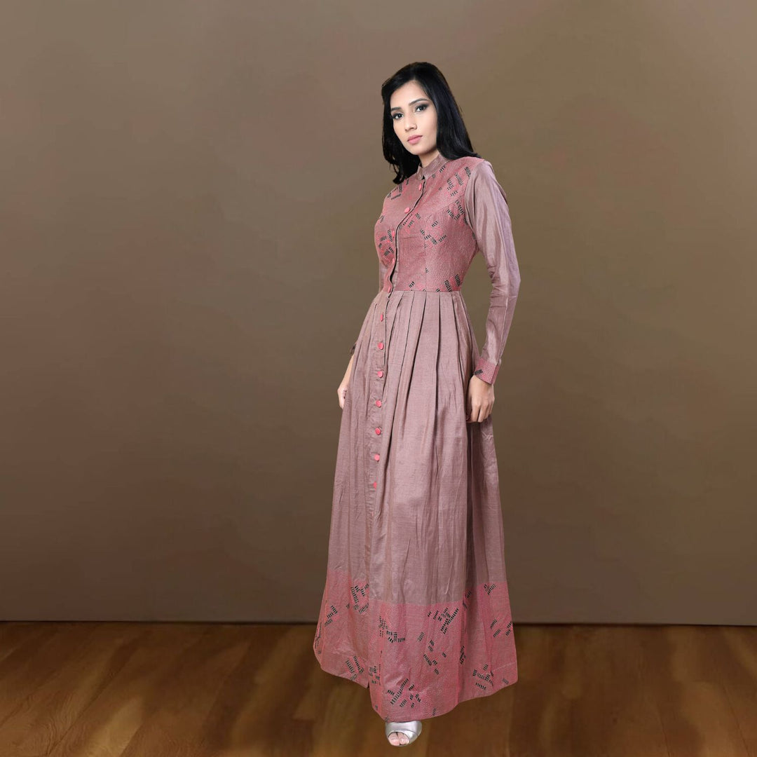 Pranshi Tussar Eri Silk Anarkali Set | Sujani-Embroidered | Smart Classy Look | Taupe