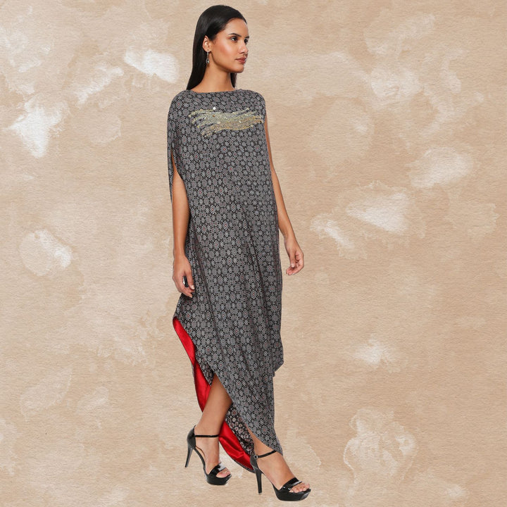 Syahi Cowl Dress | Hand-Block Print | Sujani Embroidery | Black