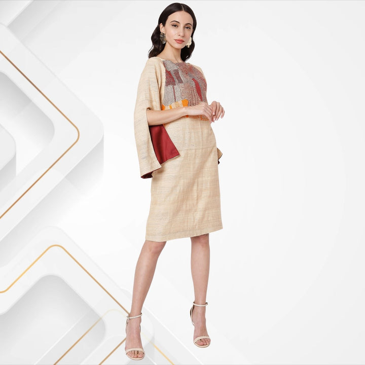 Leandra Tussar Silk Shift Dress | Sujani Hand-Embroidered | Sophisticated | Beige