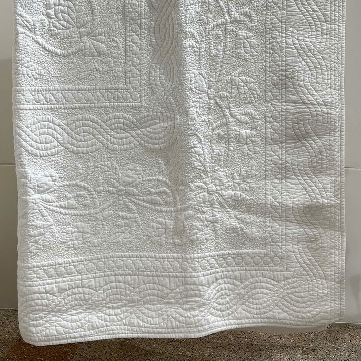 White Floral Intersecting Embroidered Cotton Quilt | King Size | 92 x 100 Inch