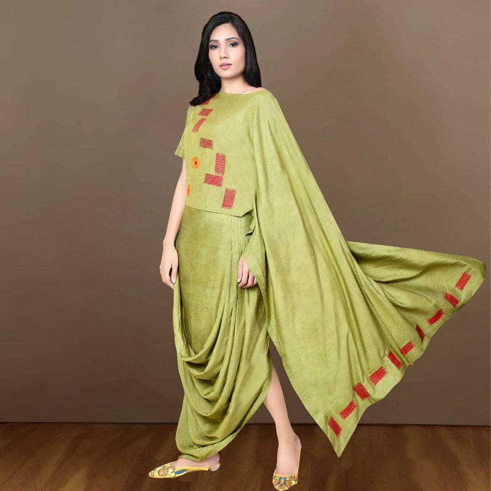 Brena Co-ord Set | Cowl Skirt With Dhoti | Sujani Hand-Embroidered | Green