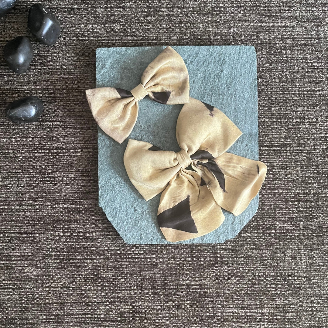 Ribboned Bow Hair Clip For Girls | Hand Crafted | Modal Ajrakh | Ivory Set of 2