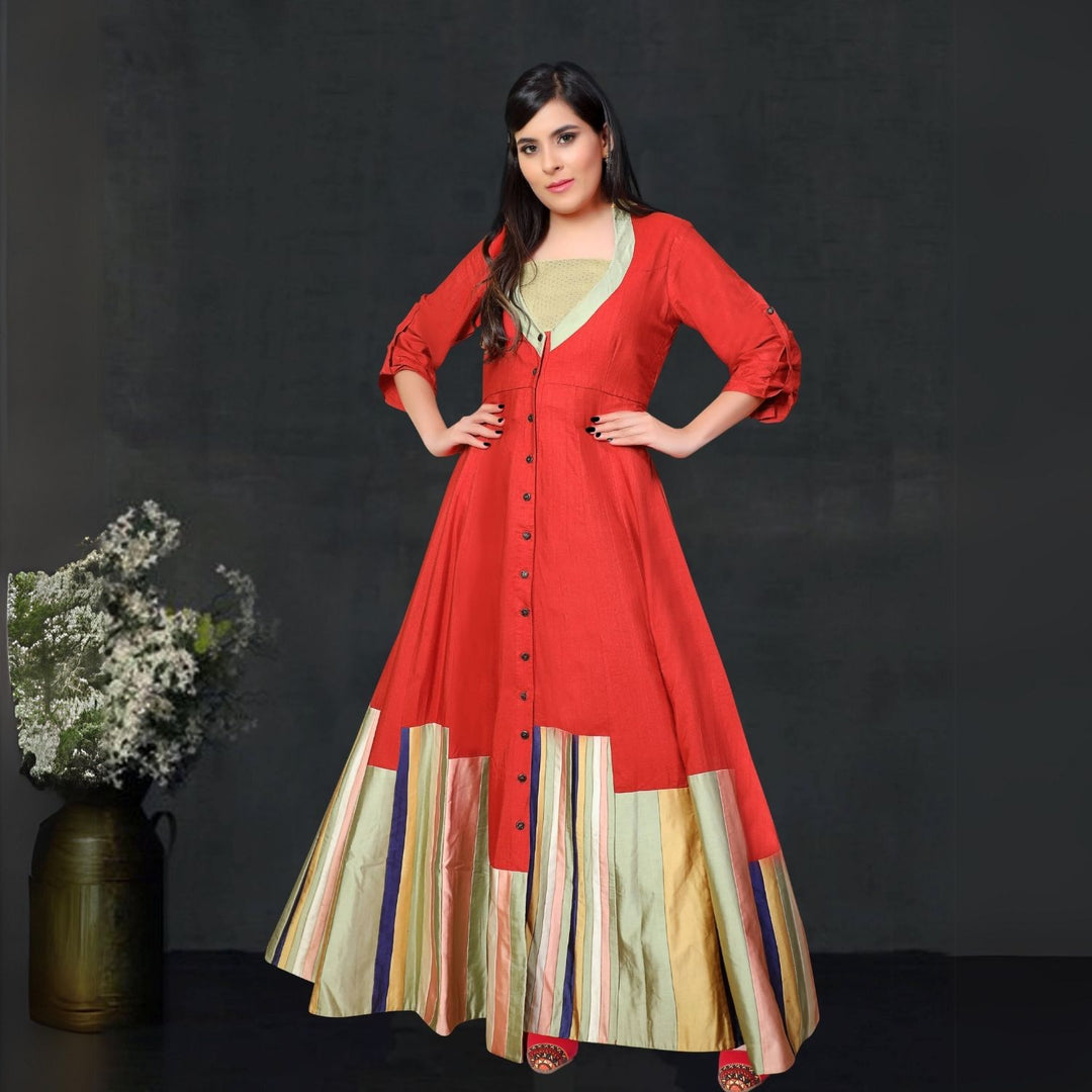 Narcissus Red Tussar Anarkali With Banarsi Pant | Festive Wear | Vibrant Red