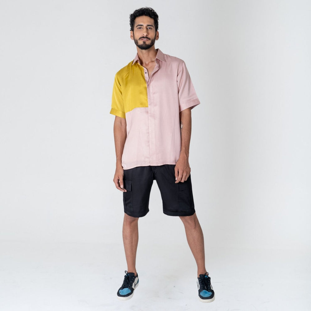 Pink-Yellow Color-Blocked Shirt | Bold & Modern Design | Resort Wear