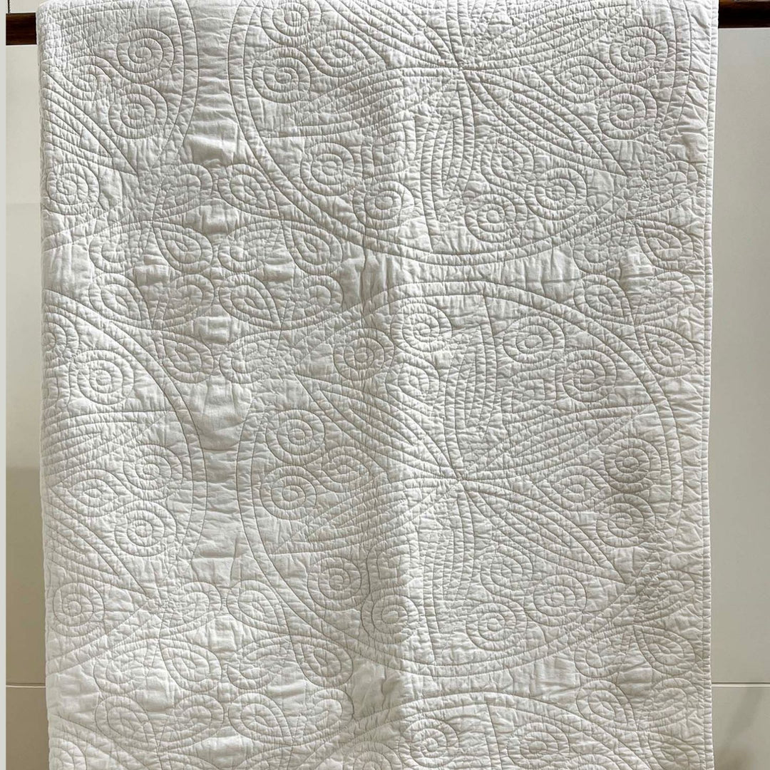 White Floral Intersecting Embroidered Cotton Quilt | King Size | 92 x 100 Inch