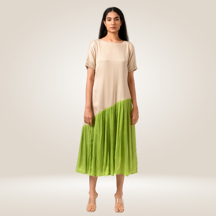 Ecru Green Gather Colour Block Dress | Bemberg Modal Silk | Sustainable