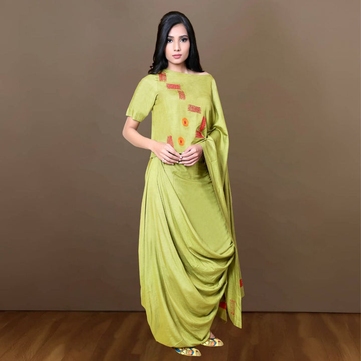 Brena Co-ord Set | Cowl Skirt With Dhoti | Sujani Hand-Embroidered | Green