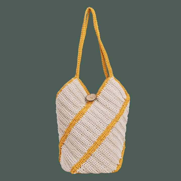 Bucket Hand Bag | Hand-Crafted & Crochet | Cotton Yarn | Off White & Mustard