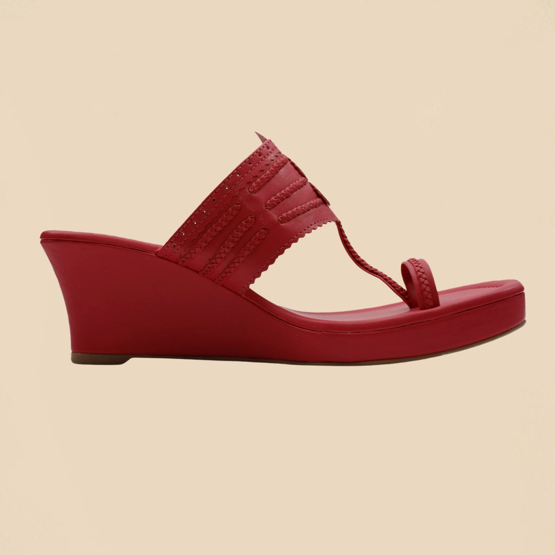 Kolhapuri Wedge Heel For Women | Comfy Festive Wear | Hand Crafted | Ruby Pink