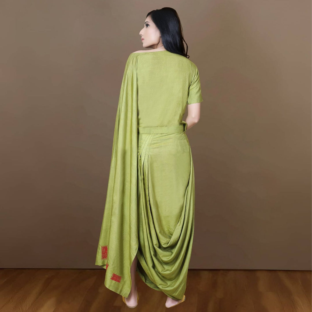 Brena Co-ord Set | Cowl Skirt With Dhoti | Sujani Hand-Embroidered | Green