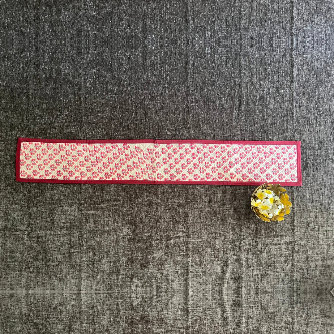 Table Runner | Hand Block Printed Cotton | Cream And Red Floral