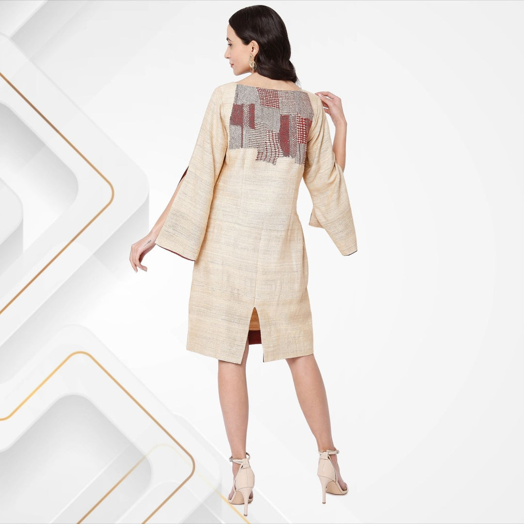 Leandra Tussar Silk Shift Dress | Sujani Hand-Embroidered | Sophisticated | Beige