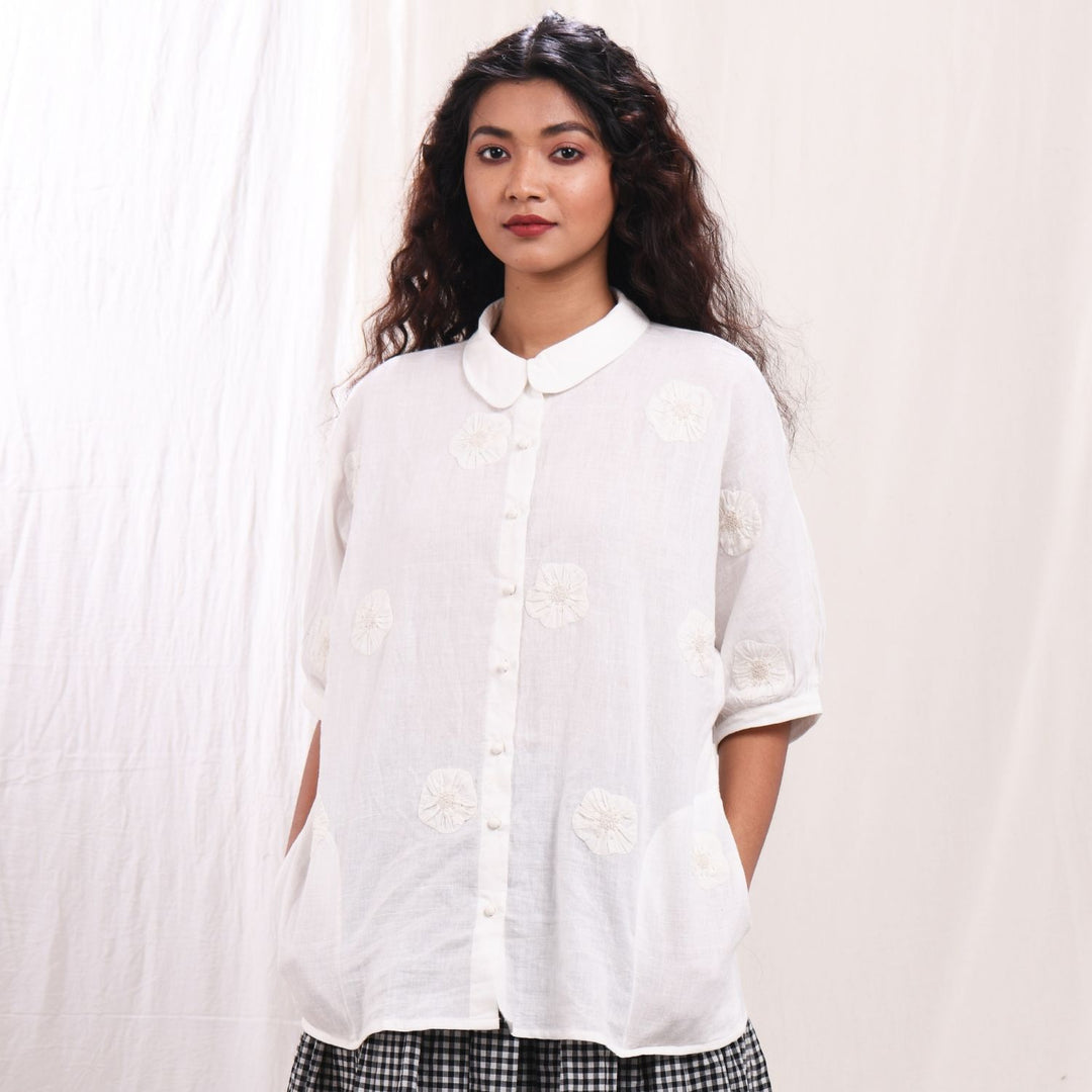 Tatha Hand Appliqued Kimono Shirt | Handwoven Cotton | Natural white