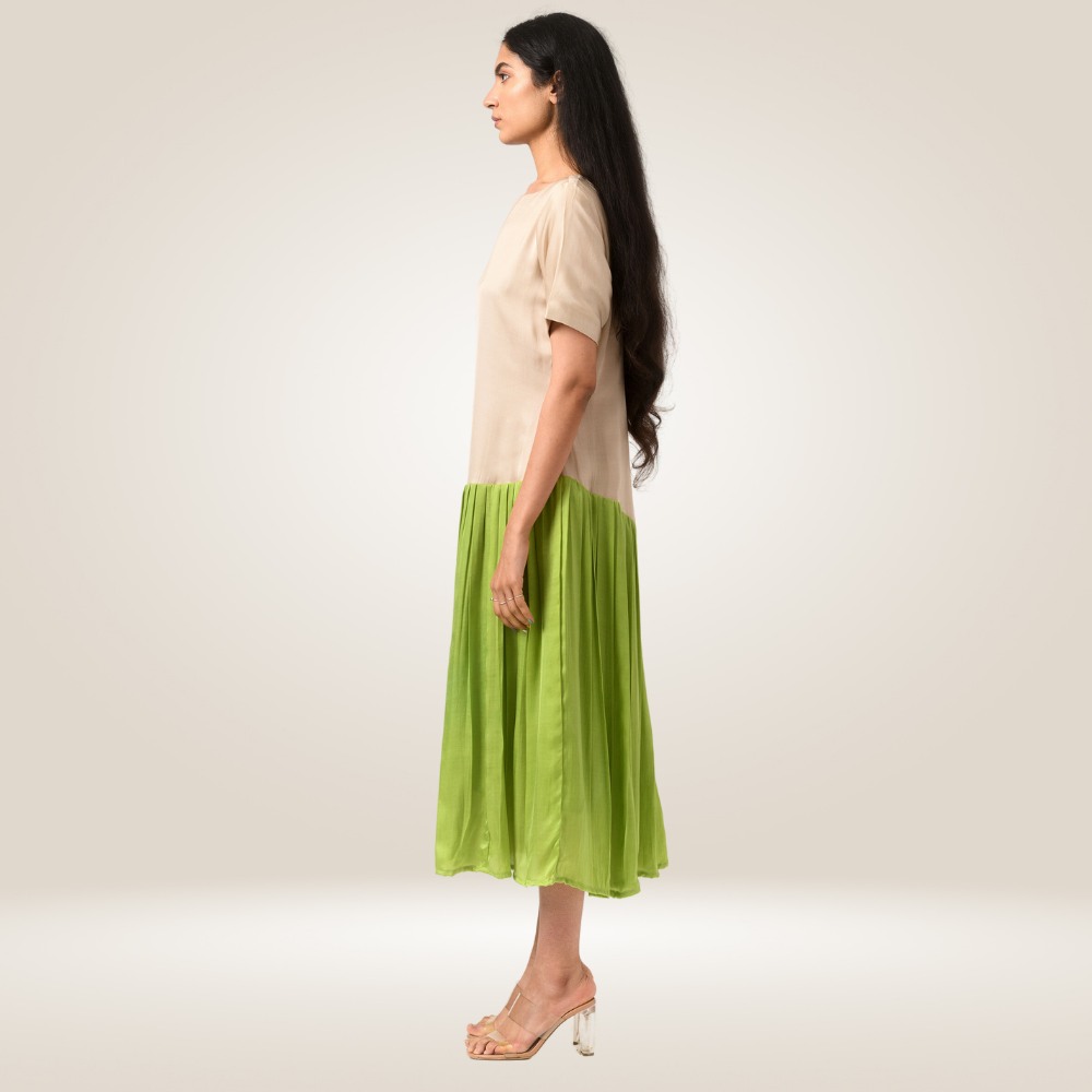 Ecru Green Gather Colour Block Dress | Bemberg Modal Silk | Sustainable