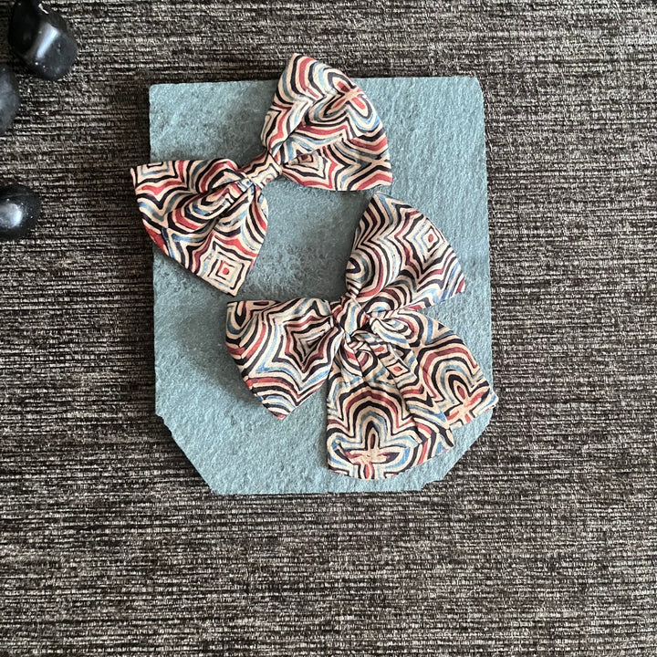 Bow Knot Hair Clips | Made of Ajrakh Hand Block Printed Beige Modal | Set Of 2