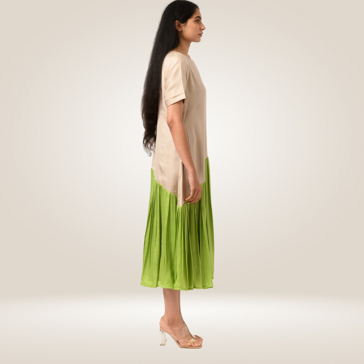 Ecru Green Gather Colour Block Dress | Bemberg Modal Silk | Sustainable