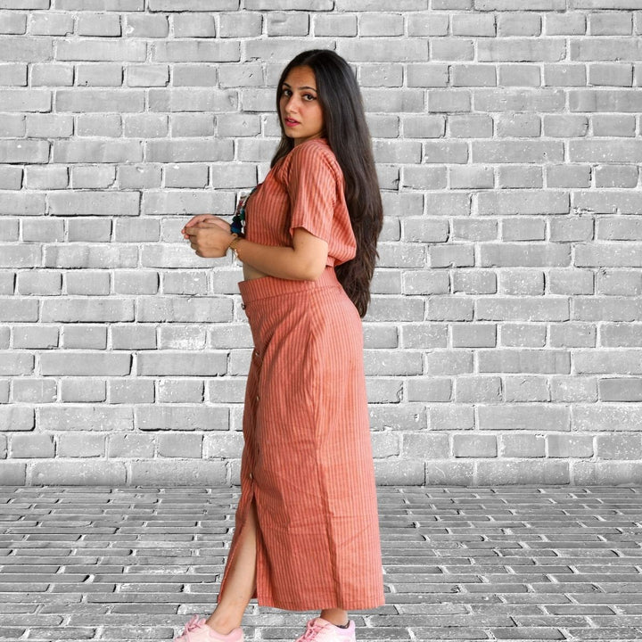 Peach and Brown Yarn Dyed Top and Skirt | Smart Relaxed Fit | Casual Wear | Stripe Pattern 