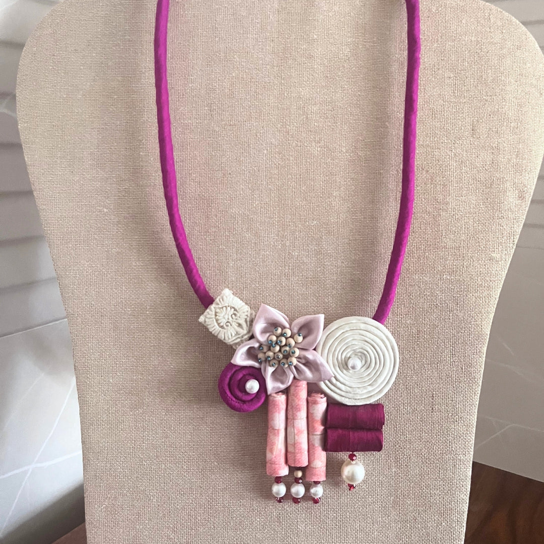 Feminine Necklace | Hand Crafted | Contemporary Fabric Jewellery | Magenta