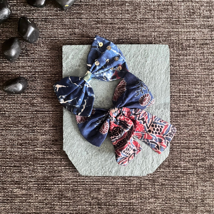 Bow Hair Clips For Girls | Ajrakh Hand Block Print | Hand Embroidered | Blue Set Of 2