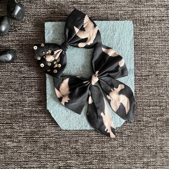 Black Bow Hair Clips For Girls | Comfortable | Ajrakh Block Print | Hand Crafted | Set Of 2