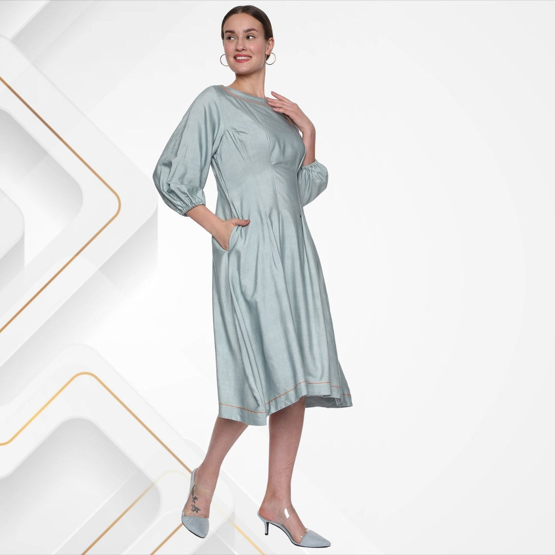 Diana Fit & Flare Dress | Hand-Embroidered | Comfortable Party Dress | Pastel Grey