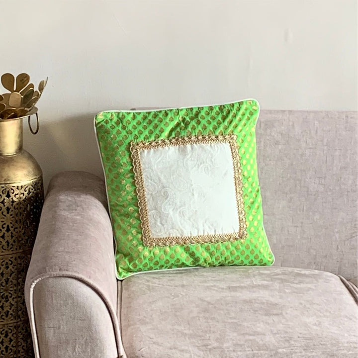 Green And Cream Banarasi Cushion Cover | For Living Room Decor | 16" x 16"