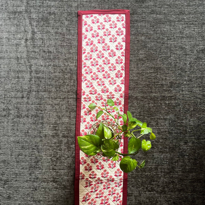 Table Runner | Hand Block Printed Cotton | Cream And Red Floral