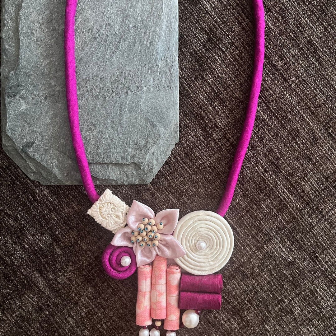 Feminine Necklace | Hand Crafted | Contemporary Fabric Jewellery | Magenta