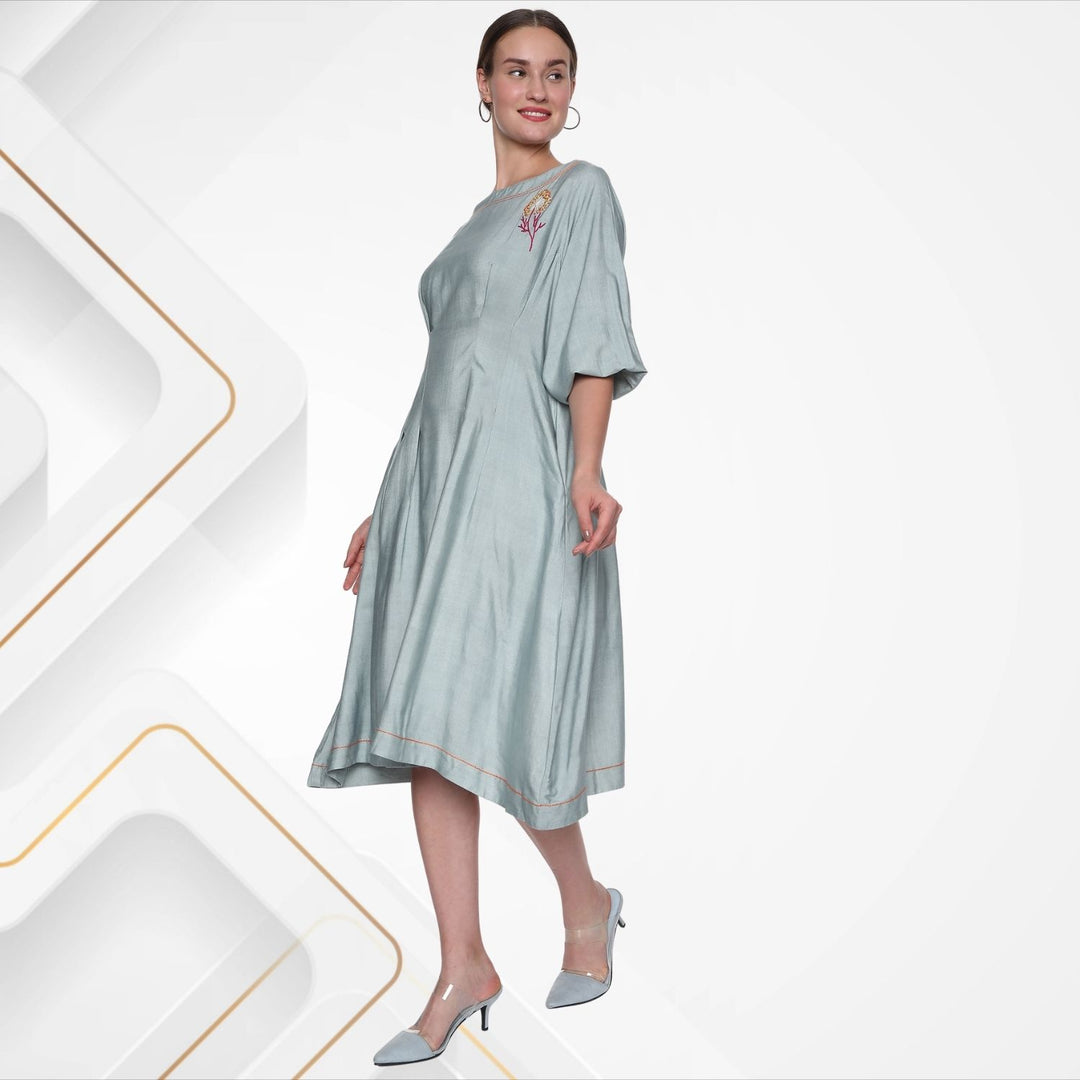 Diana Fit & Flare Dress | Hand-Embroidered | Comfortable Party Dress | Pastel Grey