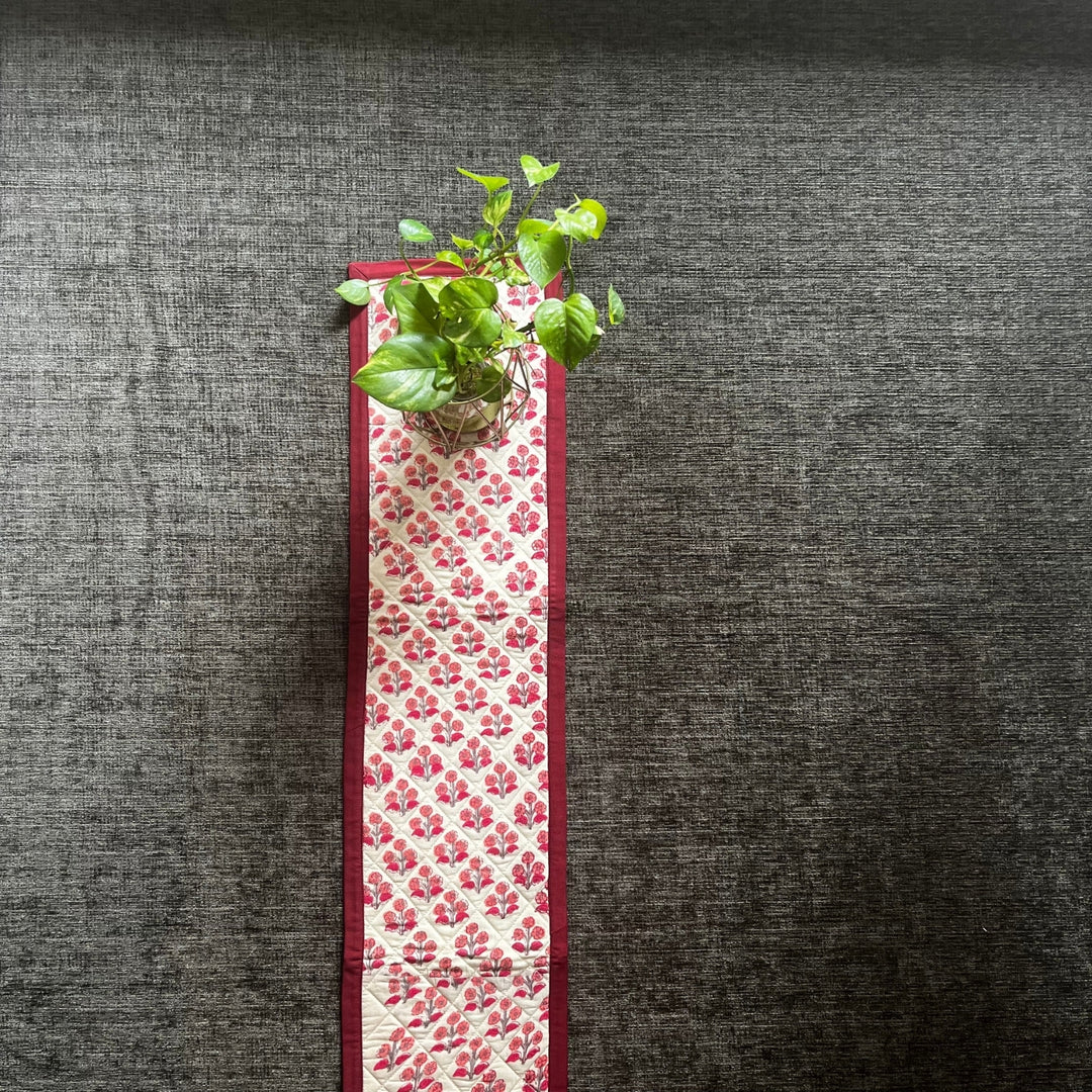 Table Runner | Hand Block Printed Cotton | Cream And Red Floral