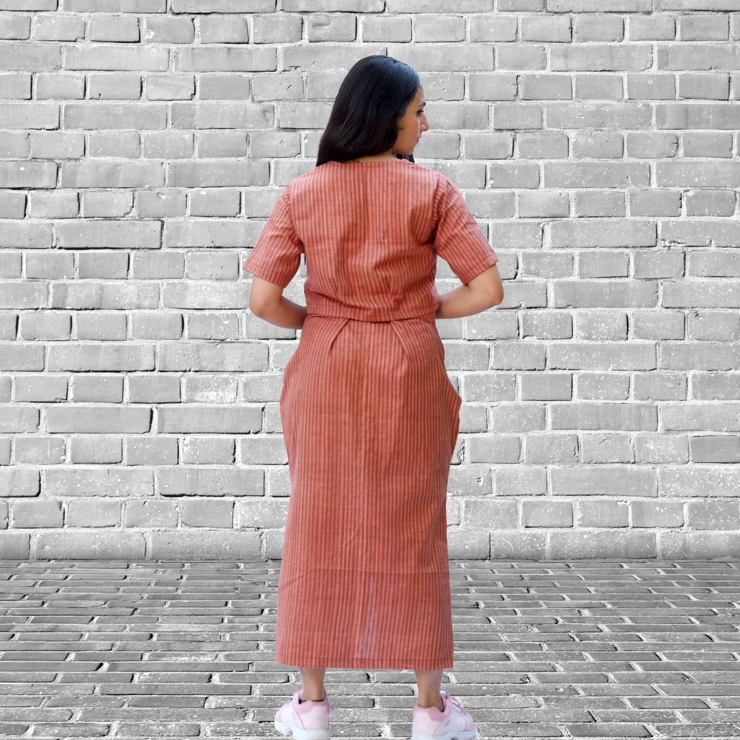 Peach and Brown Yarn Dyed Top and Skirt | Smart Relaxed Fit | Casual Wear | Stripe Pattern 