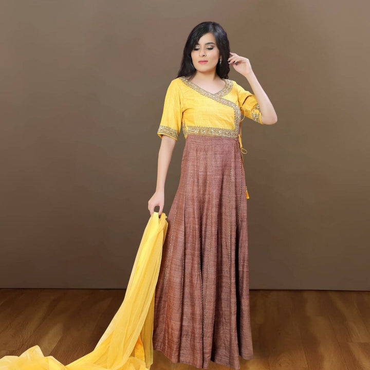 Peeli Mitti Tussar Ghicha Angarakha | Embellished | Mustard & Cinnamon Brown