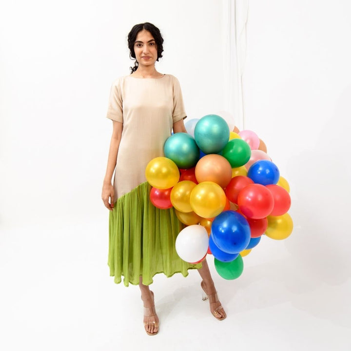 Ecru Green Gather Colour Block Dress | Bemberg Modal Silk | Sustainable