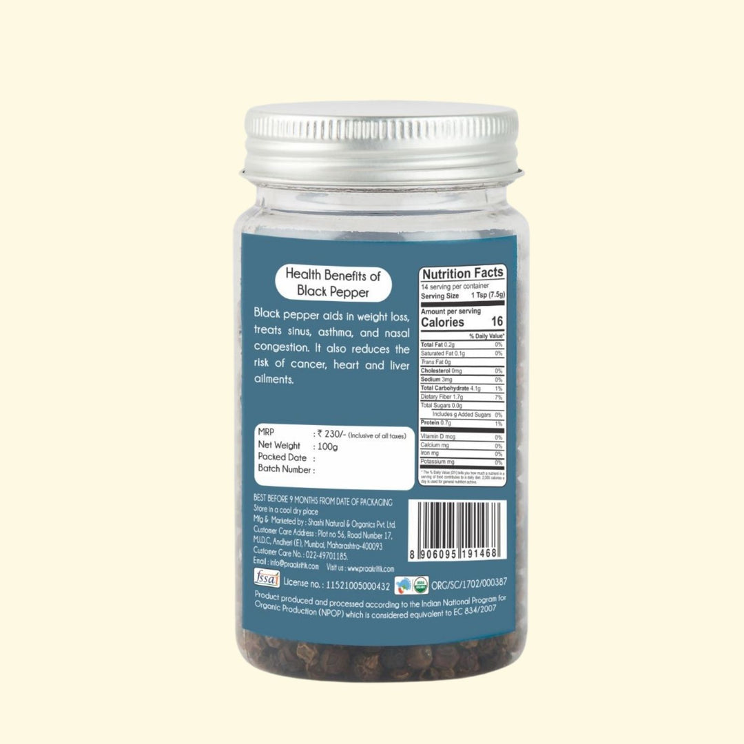 Organic Black Pepper Whole | Aromatic Condiment | Vitamin Rich |100 GM