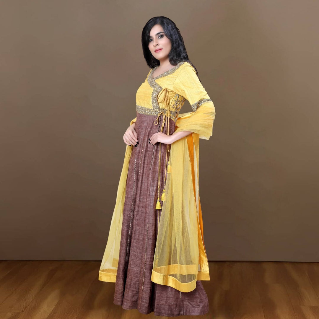 Peeli Mitti Tussar Ghicha Angarakha | Embellished | Mustard & Cinnamon Brown