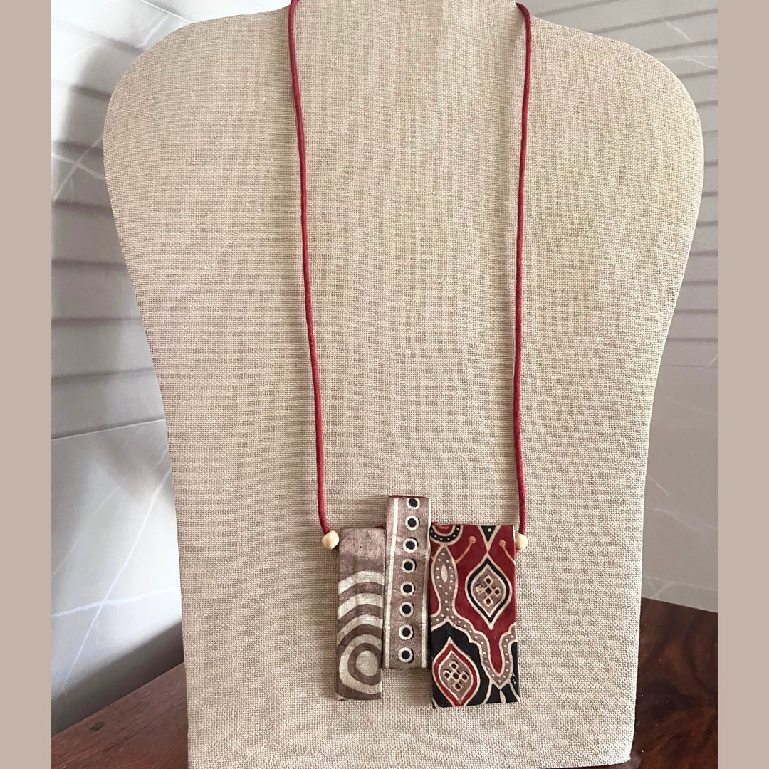 Ajrakh Pendant Necklace | Hand Crafted | Smart Design | Red Black and Beige