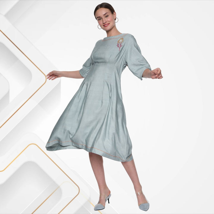 Diana Fit & Flare Dress | Hand-Embroidered | Comfortable Party Dress | Pastel Grey