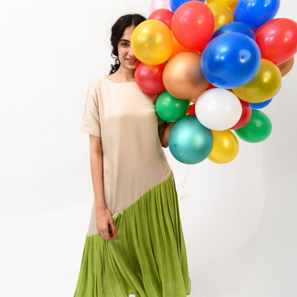 Ecru Green Gather Colour Block Dress | Bemberg Modal Silk | Sustainable