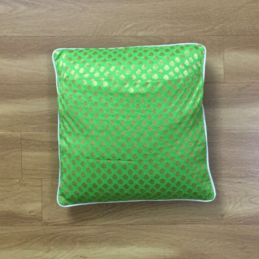 Green And Cream Banarasi Cushion Cover | For Living Room Decor | 16" x 16"